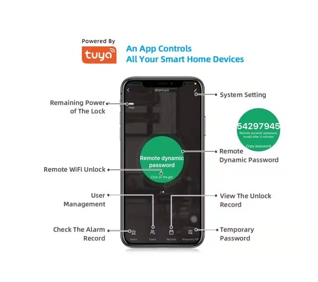 TUYA App Glass Door Smart Lock Aluminum Alloy Household Wooden Door Digital Lock 3