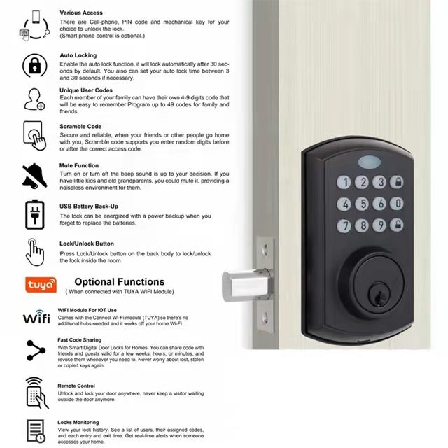 TUYA App Glass Door Smart Lock Aluminum Alloy Household Wooden Door Digital Lock 5